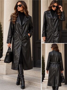 STOOSH Women's Black Faux Leather Trench Coat Sz S/M like new